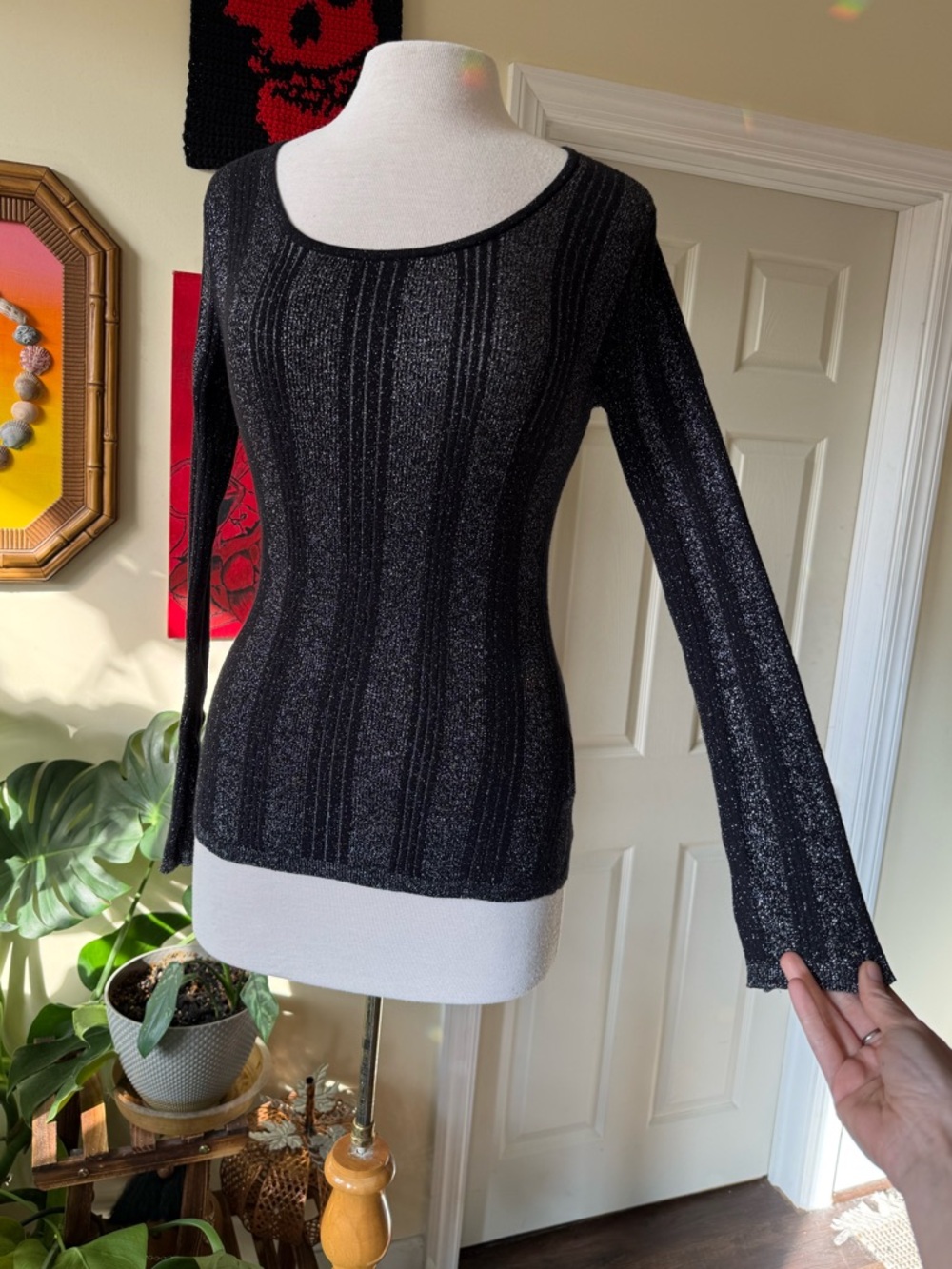 Y2K Harley-Davidson Black Metallic Scoop Neck Ribbed Sweater